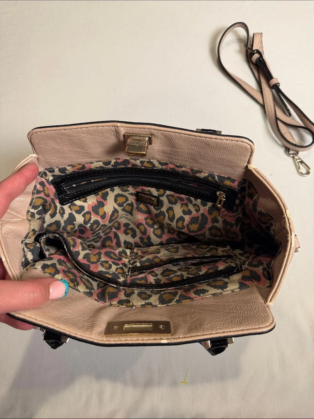 Women's Guess vintage Blush Beige Satchel with Black Handles and Chain Trim